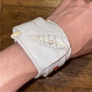 White Cuff Bracelet with Red Trim and Seashell